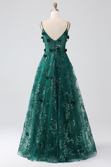 Glitter Mørkegrønn Spaghetti stropper Blonder Blomst Lang korsett Prom Dress
